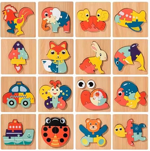 Holzpuzzle für Kleinkinder, 16 Stück, Tiermotive und Fahrzeuge, Lernspielzeug aus Holz Holzpuzzle für Kleinkinder, 16 Stück, Tiermotive und Fahrzeuge, Lernspielzeug aus Holz von Generisch