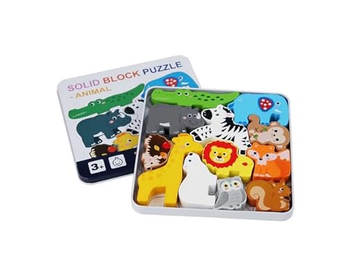 Holzpuzzle für Kleinkinder, Tiere, Obst, Dinosaurier, Fahrzeuge, je 12 Teile, Lernspielzeug, 3+ Jahre (Tiere) von Generisch