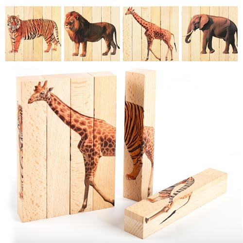 Holztierpuzzle für 2+ - Montessori 4 in 1 Safari Tierblockspielzeug von Generisch
