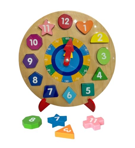 Holzuhr für Kinder Holzpuzzle Uhr Spiel Montessori Holzuhr groß Ø cm28 Uhr Formen Lernspiel Spielzeug für die Entwicklung Spielzeug Frühe Kindheit von Generisch