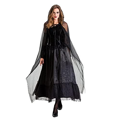 Horror Clown Kostüm, Halloween Kostüm Damen Horror The Nun Gruselige Kleidung Vampirkleid Hexenkostüm Karneval Cosplay Kleid Ausführen Kostüme (Kleid, Hut, Handschuhe, Halskette) von Generisch