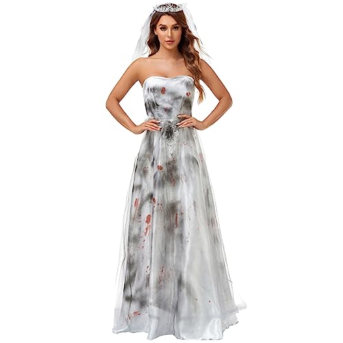Horror Geister Braut Corpse Bride Damen Gruselige Halloween-Kostüm, Geister-Braut Gerissener Effekt Kleid Schleier Totes Hochzeitskleid Halloween Party Karneval Fastnacht Kleidung für Erwachsene von Generisch