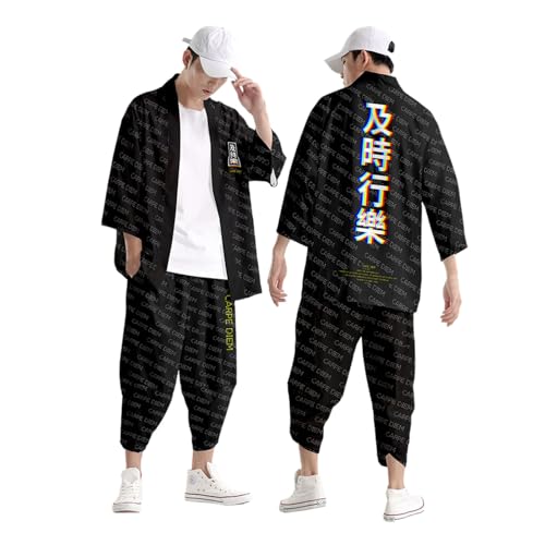 Japanisches Kimono-Jacken-Set für Herren, stilvoller Drucken offener Vordermantel mit Shorts, chinesischer Stil, bedruckte Strickjacke Schwarz japanische taro hose herren hawaiihemd set s m l xl Japanisches Kimono-Jacken-Set für Herren, stilvoller Drucken offener Vordermantel mit Shorts, chinesischer Stil, bedruckte Strickjacke Schwarz japanische taro hose herren hawaiihemd set s m l xl von Generisch