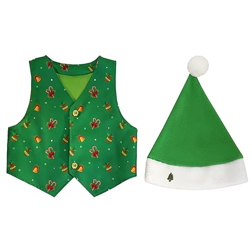 Jungs Strampler 62 Weihnachtsdrucke Costome Party Weste Hut Outfit Set Baby Kleidung 74 Junge (Green, 8-10 Years) von Generisch