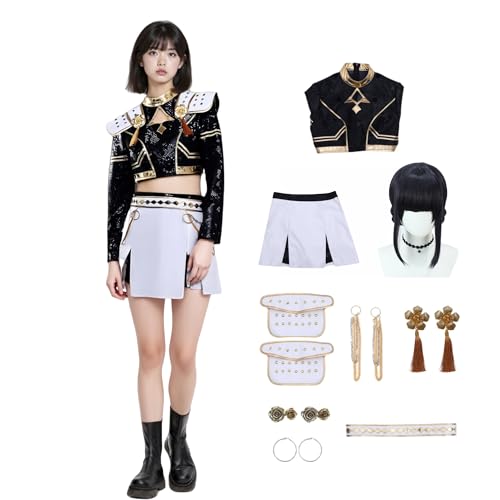 K-Pop Cosplay-Kostüm, schwarz-goldene Pailletten, bauchfreies Oberteil und geteilter Rock, Set mit Fransen, Brustschmuck, für Halloween, Karneval, Party (Schwarz + Weiß, L) von Generisch