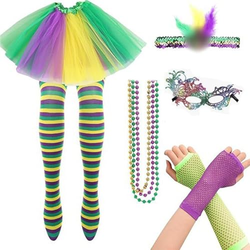 Karneval Kostüm Damen Regenbogen Tüllrock Haarreif Stirnband Riemen Kniestrümpfe Beinwärmern Handschuhen Regenbogen (DE/NL/SE/PL, Alphanumerisch, Einheitsgröße, Regular, Regular, Lila 1) von Generisch