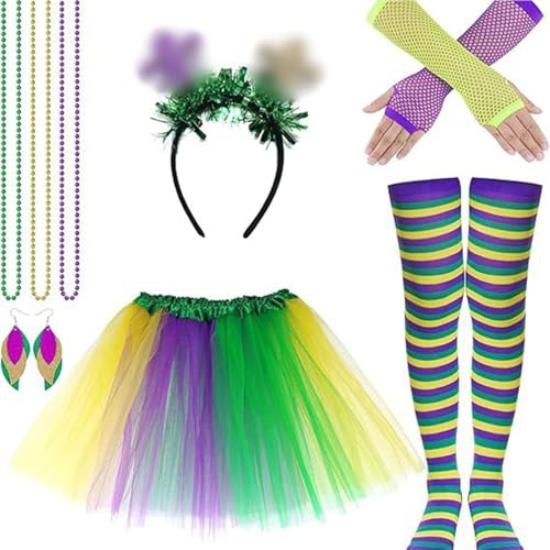 Karneval Kostüm Damen Regenbogen Tüllrock Haarreif Stirnband Riemen Kniestrümpfe Beinwärmern Handschuhen Regenbogen (DE/NL/SE/PL, Alphanumerisch, Einheitsgröße, Regular, Regular, Lila#7) von Generisch