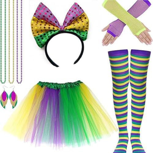 Karneval Kostüm Damen Regenbogen Tüllrock Haarreif Stirnband Riemen Kniestrümpfe Beinwärmern Handschuhen Regenbogen (DE/NL/SE/PL, Alphanumerisch, Einheitsgröße, Regular, Regular, Lila#8) von Generisch
