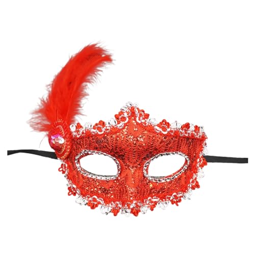 Karneval Maske Damen mit Spitze Feder Augenmaske Kostüm Zubehör Party Maske für Maskerade Party Erwachsene Hochwertige Verarbeitung Glitzer Verzierungen (Red, One Size) von Generisch