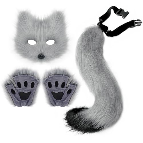 Katze Maske Therian Schwanz mit Pfoten Pelzig Karneval Therian Gear Stuff Wolf Fuchs Kostüm Set Therian Tiermaske Cosplay Kostüm (Grau) von Generisch