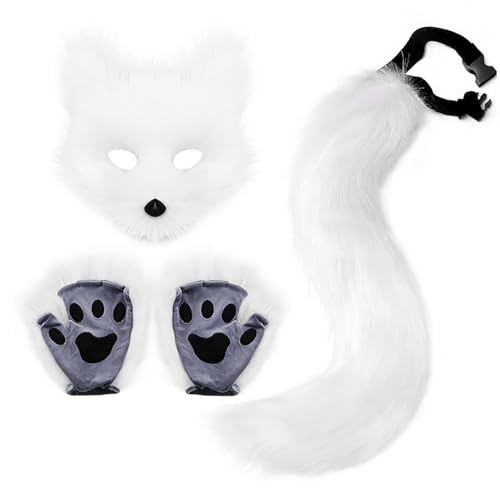 Katze Maske Therian Schwanz mit Pfoten Pelzig Karneval Therian Gear Stuff Wolf Fuchs Kostüm Set Therian Tiermaske Cosplay Kostüm (Weiß) von Generisch