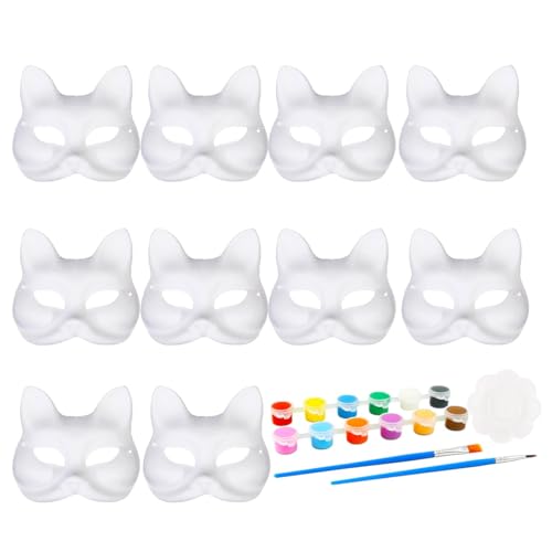Katzen-Maske für Kinder, weiße Papier-Gesichtsabdeckung zum Malen, Katzen-Design, Kunsthandwerk aus Zellstoff, Halloween, handbemalt, Partygeschenk, -Klassenzimmer-Aktivität, Erwachsenen-Maske von Generisch