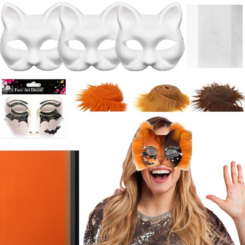 Katzen-Masken-Basis | Blanko-Tierverkleidungsmasken, Kostüm-Requisite mit Netz- und Filzbogen, Kunsthandwerk für Damen und Herren, Party, Maskerade, Karneval von Generisch