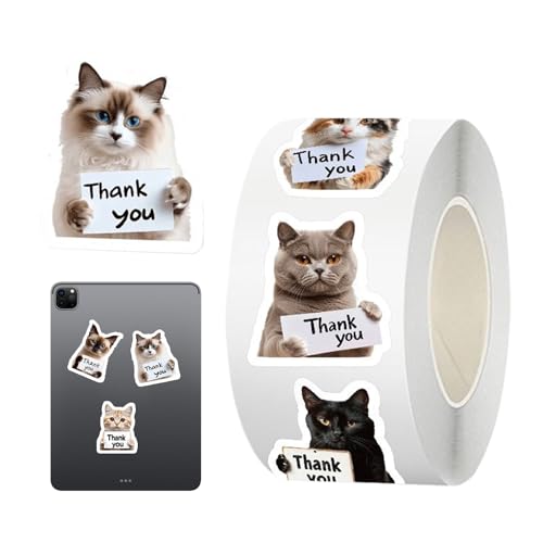 Katzen Sticker Roll Für Kinder | 500 Stück Dankeschön Wasserdicht Dekoration | Bastel Abziehbild | Teenager Mädchen Erwachsene Gepäck Skateboard Wasserflasche Handy Umschlag Klassenzimmer von Generisch