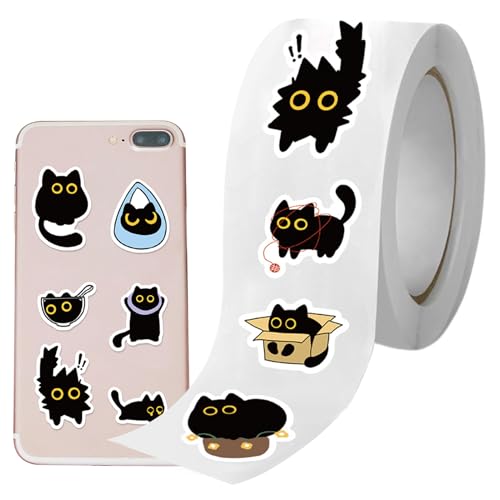Katzen Sticker Rolle, Lustige Comic Schwarzes Kätzchen Laptop Aufkleber, 500 Sticker/Rolle, Katzen Motive Für Briefe Flaschen Laptops Tagebücher Deko Jugendliche Erwachsene Kinder Geschenke von Generisch