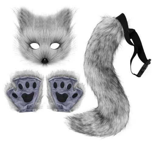 Katzenmaske Therian Schwanz mit Pfoten Pelzig Karneval Therian Gear Stuff Wolf Fuchs Kostüm Set Therian Tiermaske Cosplay Kostüm (Dunkelgrau) von Generisch