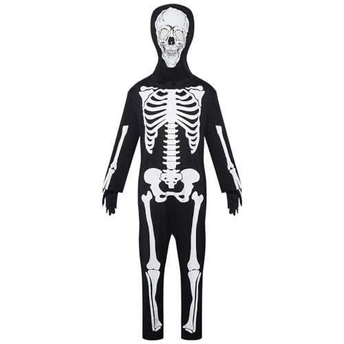 Kids Skeleton Outfit - Halloween Bone Print, Overall Hood Maske | Gruseliger leuchtender Skelettbodysuit, volles Set Kostüm, bequemer weicher Stoff Spandex Anzug, Cosplay -Kleidung Mädchen Teen von Generisch