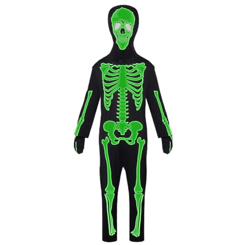 Kids Skeleton Outfit - Halloween Bone Print, Overall Hood Maske | Gruseliger leuchtender Skelettbodysuit, volles Set Kostüm, bequemer weicher Stoff Spandex Anzug, Cosplay -Kleidung Mädchen Teen Kids Skeleton Outfit - Halloween Bone Print, Overall Hood Maske | Gruseliger leuchtender Skelettbodysuit, volles Set Kostüm, bequemer weicher Stoff Spandex Anzug, Cosplay -Kleidung Mädchen Teen von Generisch