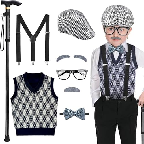 Kinder Alt - Mann - Thema 100 Tage Schule & Halloween Kostüm Set mit Hut, Brille & Opa Weste, Hellgrau, für Jungen 2-6 Jahre Kinder Alt - Mann - Thema 100 Tage Schule & Halloween Kostüm Set mit Hut, Brille & Opa Weste, Hellgrau, für Jungen 2-6 Jahre von Generisch
