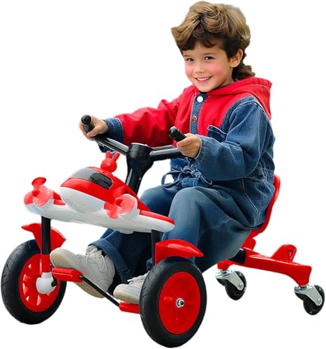 Kinder Flugzeug-Gokart, Drift Cart mit Verstellbarem Sitz und LED-Blitzrädern und 360° Schwenkbarem, Rutschfestem Hinterrad für Jungen und Mädchen ab 3 Jahren (Rot) von Generisch
