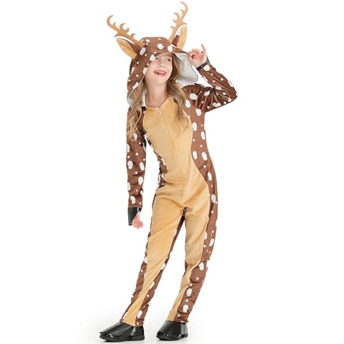 Kinder Rentierkostüm - Weihnachtskristall -Samt -Hirsch -Outfit, Warmer Unisex Holiday Pyjama | Gemütlicher Tiermiss “mit Motorhaube Und Geweih, Süßes Kostüm Für Mädchen Party Cosplay Rollenspi von Generisch