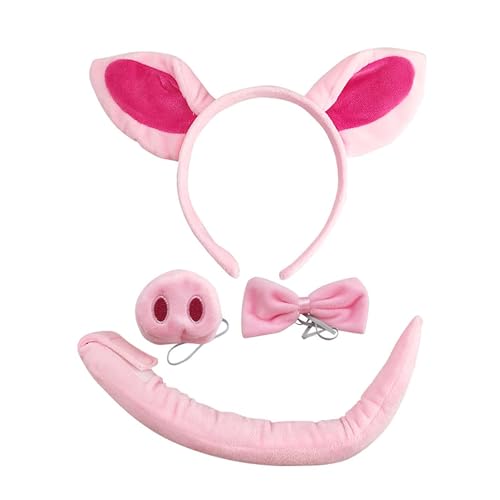 Kinder Schweinekostüm, Plüschtier Verkleidung, weiche Fliege Stirnband, Schweineohren Nasenschwanz Set für Kinder Halloween Geburtstagsfeiern Pretend Play Mädchen Alter 3-14 Rosa 4 Stück 120g von Generisch
