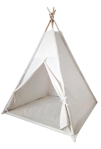 Kinder-Tipi Basic mit gepolsterter Bodenmatte, Kiefernholzgestell, Fensterrollo und Stabilisator – minimalistisches Zelt zum Gestalten und Spielen im Kinderzimmer oder Garten (Beige) von Generisch