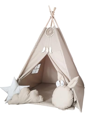 Kinder-Tipi-Zelt im Boho-Stil mit 3 Dekokissen (Wolke, Hase, Stern), Bodenmatte, Fensterrollo, Holzgestell und Traumfänger – Spielzelt für fantasievolle Abenteuer (Beige Boho + Traumfänger) von Generisch