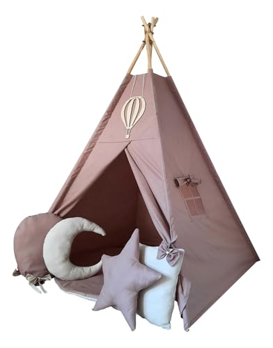 Kinder-Tipi-Zelt im Boho-Stil mit 4 Dekokissen (Ballon, Stern, Mond, Schleife), Bodenmatte, Fensterrollo, Holzrahmen – Rückzugsort zum Spielen und Träumen (Pink Boho + Kissen) von Generisch
