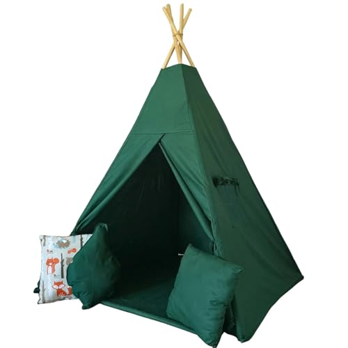 Kinder Tipi Zelt mit Dicker Spielmatte, 3 Kissen, Fenster, Tiermotiven und stabilem Gestell – Perfekter Rückzugsort für fantasievolle Abenteuer und entspannte Momente (Flaschengrün) von Generisch