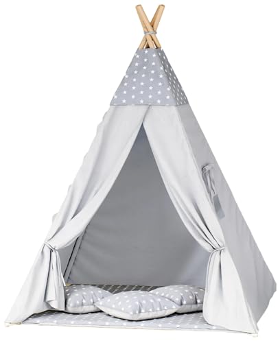 Kinder-Tipi-Zelt mit Dicker Spielmatte & 3 Kissen – faltbar, aus Holz & Baumwolle – mit Fenster (Sterne - Grau) von Generisch