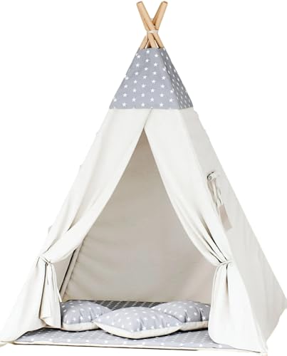 Kinder-Tipi-Zelt mit Dicker Spielmatte & 3 Kissen – faltbar, aus Holz & Baumwolle – mit Fenster (Sterne - Grau-Beige) von Generisch