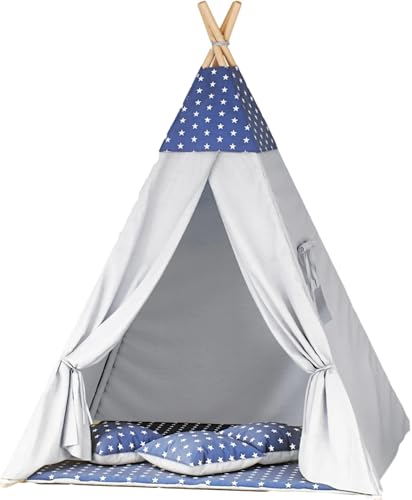 Kinder-Tipi-Zelt mit Dicker Spielmatte & 3 Kissen – faltbar, aus Holz & Baumwolle – mit Fenster (Sterne - Marineblau-Grau) von Generisch