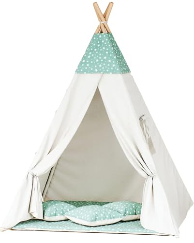 Kinder-Tipi-Zelt mit Dicker Spielmatte & 3 Kissen – faltbar, aus Holz & Baumwolle – mit Fenster (Sterne - Minze-Beige) von Generisch