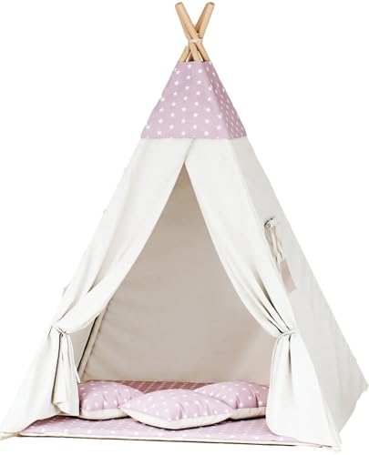 Kinder-Tipi-Zelt mit Dicker Spielmatte & 3 Kissen – faltbar, aus Holz & Baumwolle – mit Fenster (Sterne - Pink-Beige) von Generisch