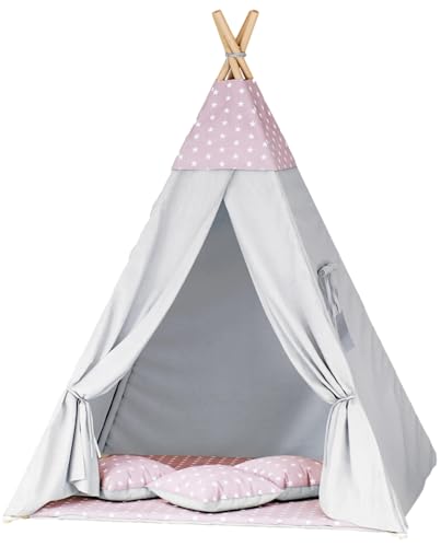Kinder-Tipi-Zelt mit Dicker Spielmatte & 3 Kissen – faltbar, aus Holz & Baumwolle – mit Fenster (Sterne - Pink-Grau) von Generisch