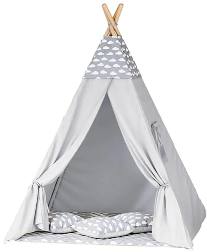Kinder-Tipi-Zelt mit Dicker Spielmatte & 3 Kissen – faltbar, aus Holz & Baumwolle – mit Fenster (Wolken - Grau) von Generisch