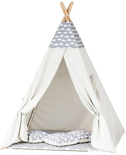 Kinder-Tipi-Zelt mit Dicker Spielmatte & 3 Kissen – faltbar, aus Holz & Baumwolle – mit Fenster (Wolken - Grau-Beige) von Generisch