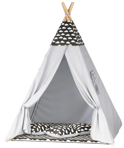 Kinder-Tipi-Zelt mit Dicker Spielmatte & 3 Kissen – faltbar, aus Holz & Baumwolle – mit Fenster (Wolken - Schwarz-Grau) von Generisch