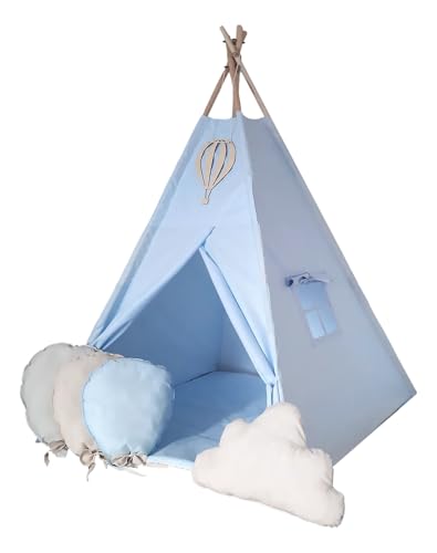 Kinder-Tipi-Zelt mit Matte, 4 Kissen & Deko-Ballon – faltbar mit Fenster & Vorhang (Blau + Ballonkissen) von Generisch