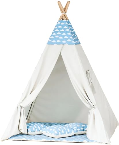 Kinder-Tipi-Zelt mit Spielmatte & 3 Kissen – faltbar, aus Holz & Baumwolle – mit Fenster & Wolkenmuster (Wolken - Blau-Beige) von Generisch