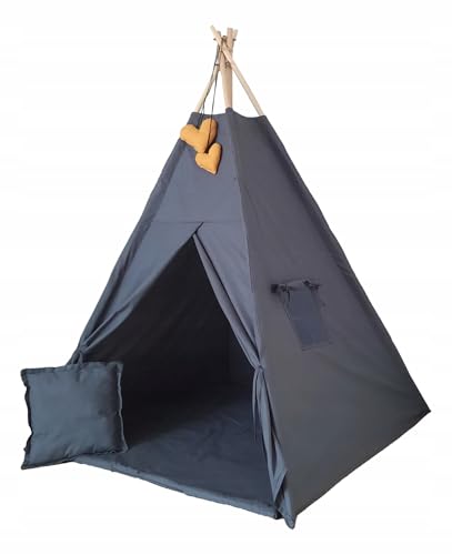 Kinder-Tipi mit Bodenmatte, Pompon-Girlande, Fenster mit Vorhang, Dekohänger, Kissen und Holzrahmen – stabiles Spielzelt zum Lesen, Kuscheln und Träumen (Graphit + Girlande) von Generisch