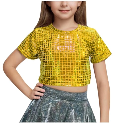 Kinder-Top, Mädchen, kurzärmelig, mit Pailletten, Hip-Hop, Jazz-Tanzblusen, Rundhalsausschnitt, metallisch, glänzend, holografisch, bauchfrei, Tanzen, Raves, Festivals, Kostüme Kinder-Top, Mädchen, kurzärmelig, mit Pailletten, Hip-Hop, Jazz-Tanzblusen, Rundhalsausschnitt, metallisch, glänzend, holografisch, bauchfrei, Tanzen, Raves, Festivals, Kostüme von Generisch