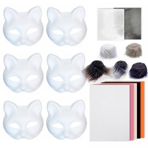 Kit Masken Basteln Set mit Blanko Katzenmaske Kuns Fell und Mesh DIY Furry Tiermasken für Halloween Karneval und Make Up Cosplay (White, One Size) von Generisch