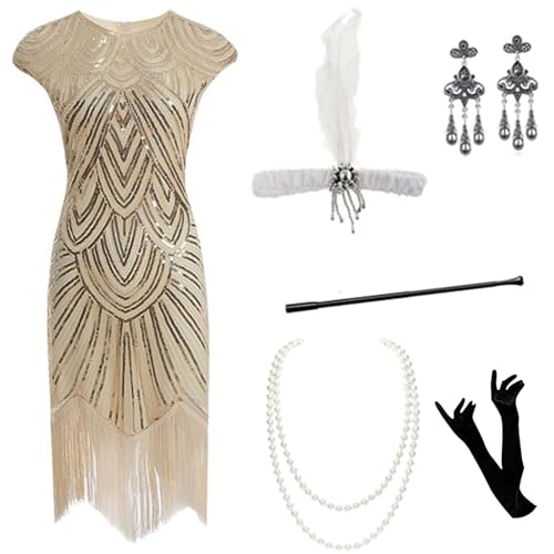 Kleid Charleston Damen Curvy Kleid 20er Jahre Elegant 1920s Flapper Kleid Flapper Kostüm 20er Jahre mit Pailletten und Fransen Vintage Cocktailkleid Party für Karneval Charleston Mottoparty, beige, 50 Kleid Charleston Damen Curvy Kleid 20er Jahre Elegant 1920s Flapper Kleid Flapper Kostüm 20er Jahre mit Pailletten und Fransen Vintage Cocktailkleid Party für Karneval Charleston Mottoparty, beige, 50 von Generisch