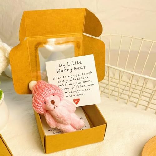 Kleiner Bär in Box, Handgefertigter Mini-Plüschbär in Box mit inspirierender Karte, Beileidsgeschenk für Weihnachten und Valentinstag & Muttertag, Schreibtischzubehör (Rosa) von Generisch