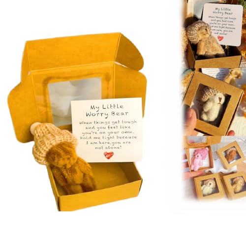 Kleiner Bär in Box, Mein kleiner Sorgenbär in Box mit inspirierender Karte, Mini-Taschenumarmung, Plüschtier für Angst- und Stressabbau, positives Beileidsgeschenk für Frauen und Männer (Kaffee) von Generisch