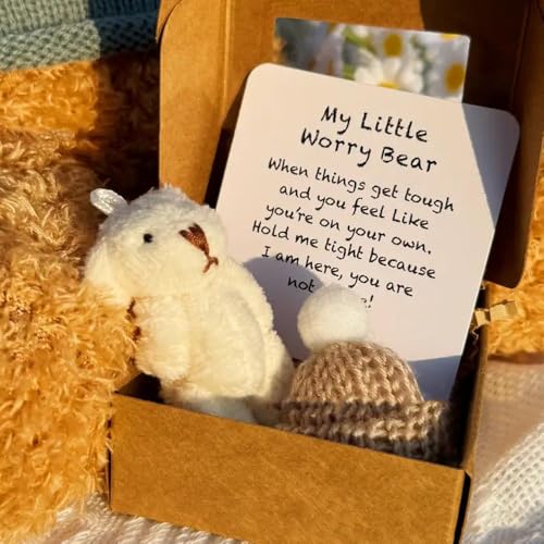 Kleiner Bär in Box, handgefertigter Mini-Plüsch-Teddybär in Box, Meine kleinen Sorgenbären, mit inspirierender Karte, weiches handgefertigtes Teddy-Andenken für Verliebte (Weiß) von Generisch
