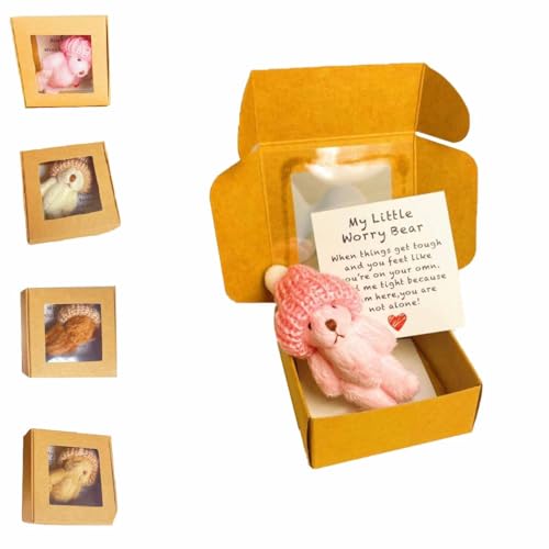 Kleiner Bär in Box,Sorgenbär,Plüsch kleine mit inspirierender Karte,Emotionale Unterstützung Häkelbärchen Spielzeug,Taschenbären,Motivationsgeschenk für Liebhaber und Freunde (Rosa) von Generisch