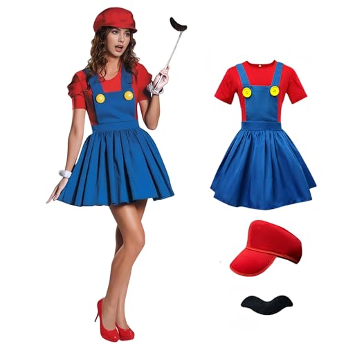 Klempner-Kostüm, Cosplay, Klempnerrock-Kostüm, kurzärmeliges Trägerkleid, zweiteiliges Set mit Hut für Halloween, Karneval, Party, Rot, Größe L von Generisch